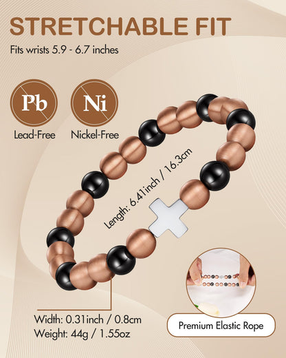Feraco Pure Copper Magnetic Bead Bracelet for Men Women with Cross, 8mm 99.99% Solid Copper & 3500 Gauss Magnetic Hematite Beads, Unisex Stretch Wristband, Gift-Ready Jewelry (Silver)
