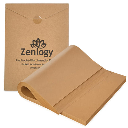 Zenlogy 9x13 Parchment Paper (200 sheets) - Unbleached, High Heat, Non-stick, Pre-cut Baking Paper for Quarter Sheet Pans - Great for Baking, Roasting, Wrapping, Dehydrator, and so much more