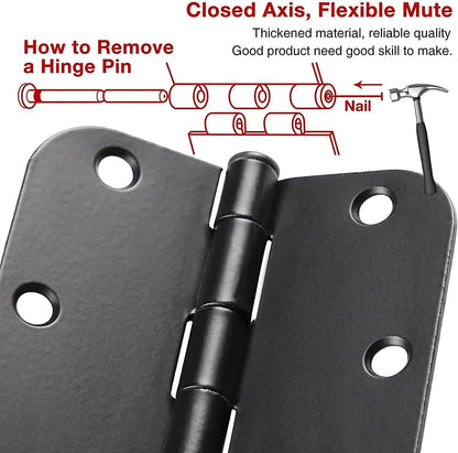 6 Pack Matte Black Interior Door Hinges Round 3.5" x 3.5 Inch 5/8" Radius Heavy-Duty Mat Hinge for Doors Standard Bedroom Work Office Door Hardware Removable Pin,Farm,Shed,Gate,Greenhouse Vent Window
