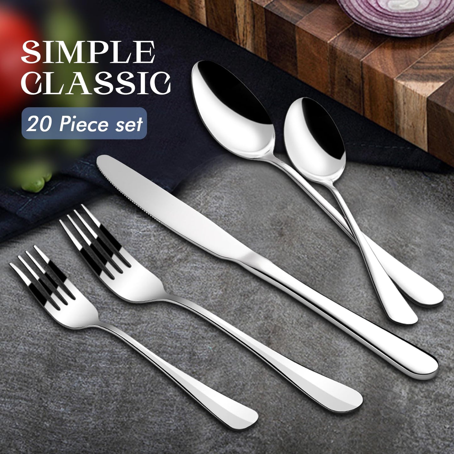 20 Piece Silverware Set,Stainless Steel Flatware Set for 4,Mirror Polished Modern Cutlery include Fork Knife Spoon Set,Dishwasher Safe for Home, Restaurant, Wedding, Party Cutlery