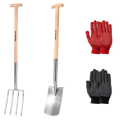 HUNKENR Garden Pitchfork Spade Set, 4-Tine Stainless Steel Pitchfork, 47" Heavy Duty Long Handled Spade with T-Handle/Ergonomic Beech Handle for Digging, Planting, Cultivating, Aerating