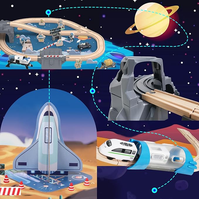 82 Pcs Wooden Train Set for Toddlers Magnetic Train with Track for Kids Ages 3-6 Compatiable with Major Brands Space Railway Playset Gifts for Boys and Girls Ages 3+