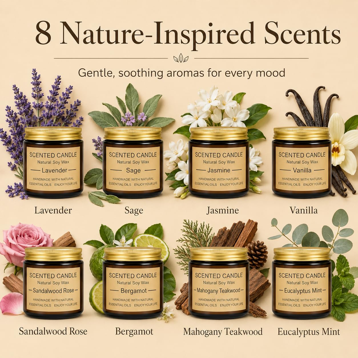 8 Pack Scented Candles, Natural Soy Wax with Elegant Packaging - Reassuring Gifts for Women and Men, Suitable for Valentine's Day, Mother's Day and Christmas