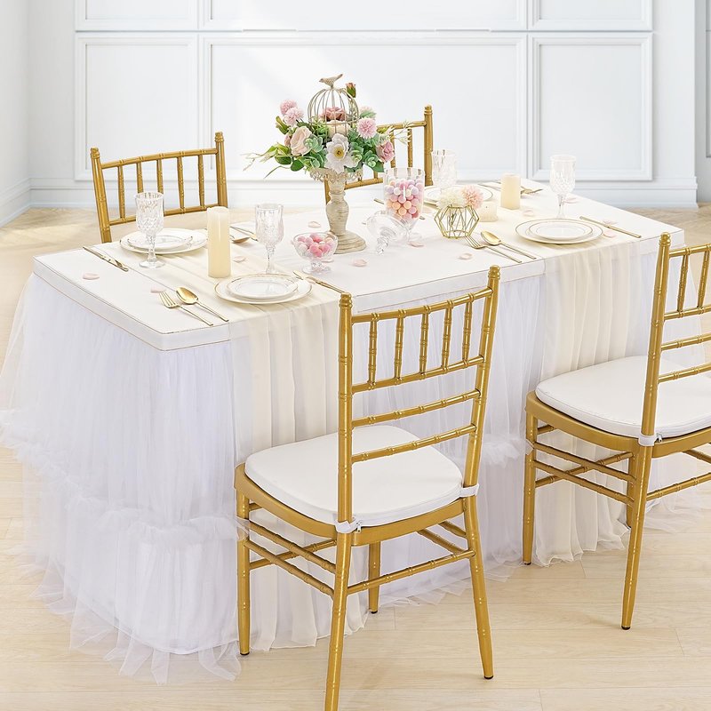 White Tulle Table Skirt for Rectangle Tables or Round Tables 6ft Wedding Tablecloth Fluffy Tutu Table Skirt for Birthday Party Dessert Cake Table Decorations 2 Layer Tulle