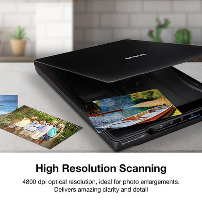 Epson - Perfection V39 II - Color Photo and Document Flatbed Scanner - 4800 dpi Optical Resolution - High-Rise, Removable Lid - Scan to Cloud - USB Power - Image Scanning - Black