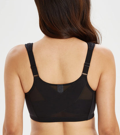 Lemorosy Women's Plus Size Full Coverage Front Closure Posture Back Unpadded Wireless Double Support Minimizer Bra (Black, 44DD)