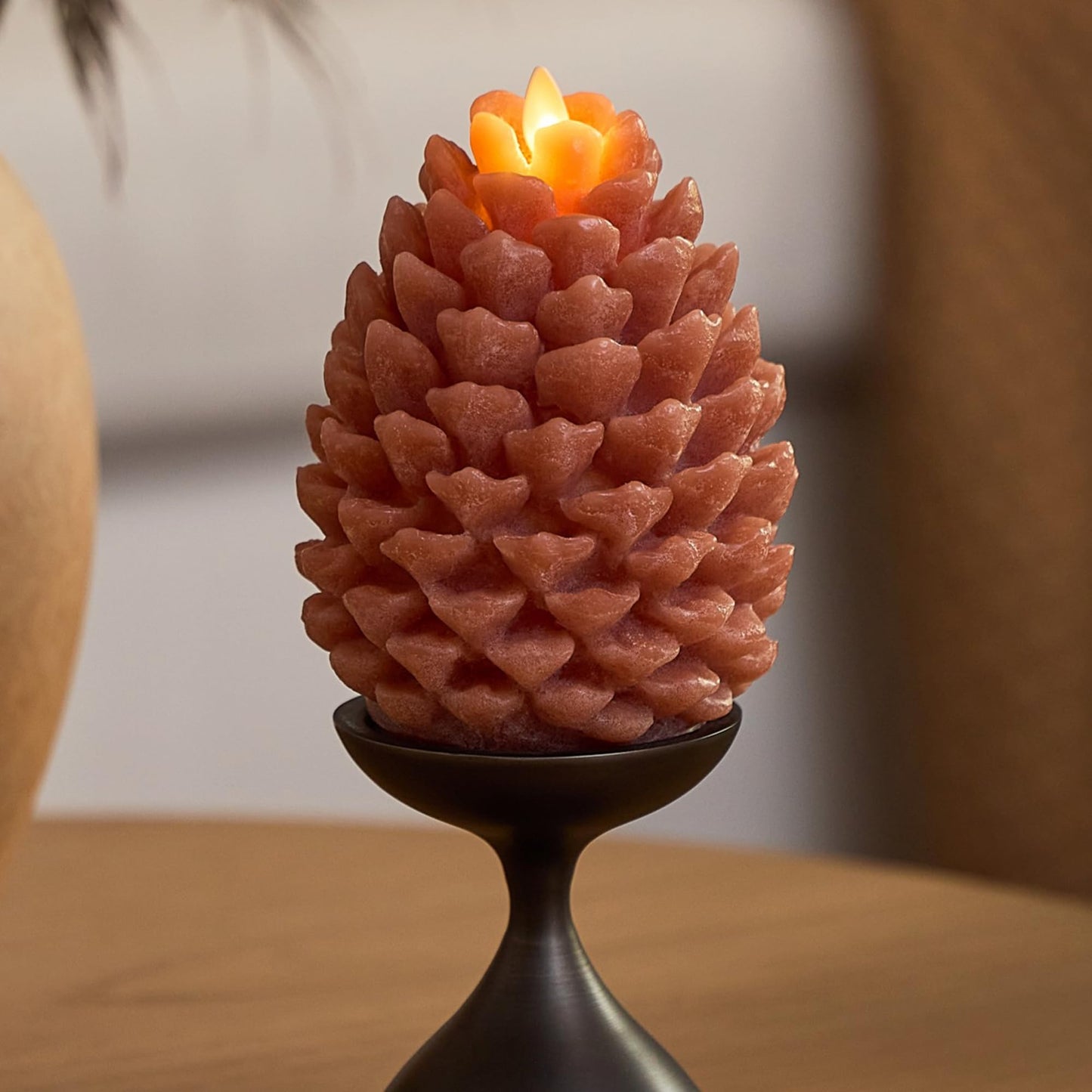 Luminara Flameless Candle 4.7" x 6" Battery Operated with Timer Real Wax Unscented LED Pinecone Caramel Café Chalky Finish Pine Cone Figural Holiday Decoration Rustic Centerpiece Table Decor