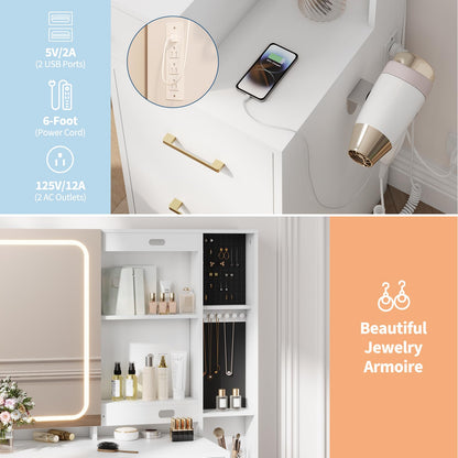 IDEALHOUSE Vanity Desk with Mirror and Lights, Makeup Vanity Set with Drawers & Chair, 3 Light Mode and Brightness Adjusted & Power Outlet, Dressing Table with Hairdryer Holder for Bedroom