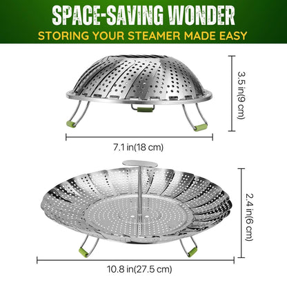 Flexzion Vegetable Steamer Basket for Pot - Stainless Steel Steaming Basket for Veggie, Fish, Meats, Eggs - Extendable Expandable Foldable Steam Basket w/Handle for Various Pot Size, 7 to 11 Inch