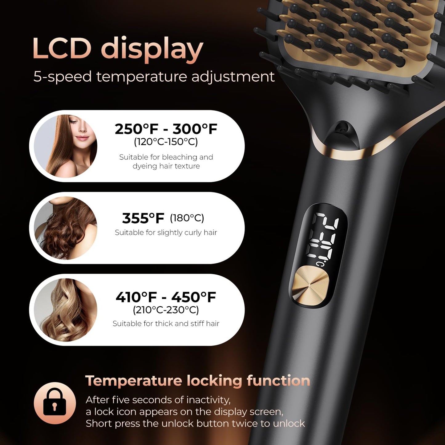 PRITECH Hair Straightening Brush Ionic 250-450°F Fasting Heating Anti-Scald & Auto-Off, Wide Plates Flat Iron Comb Teeth Dual-Voltage Straightener Hot Brush Ionizer Anti-Frizz (Black)