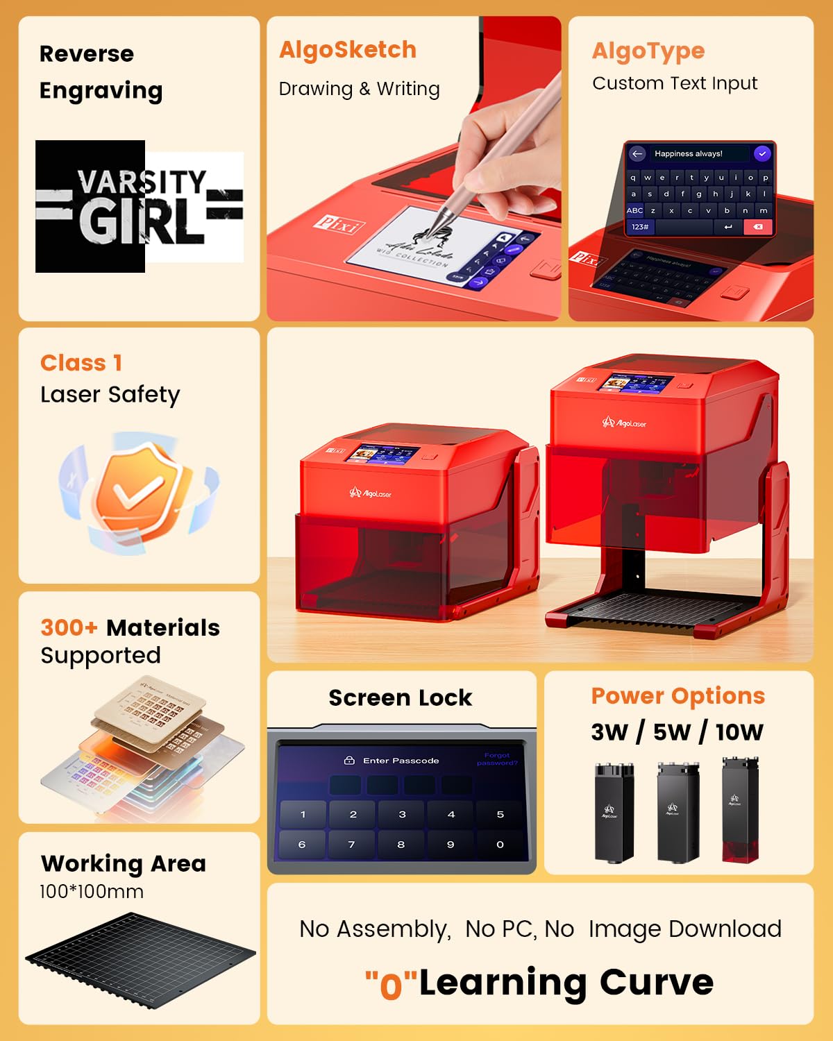 AlgoLaser Pixi Smart Laser Engraver - 3W Portable Laser Engraver Machine with 3.5" Touchscreen & AlgoOS System & APP - Laser Engraving for Wood, Acrylic, Glass, Beginner & DIY Gift & Small Business