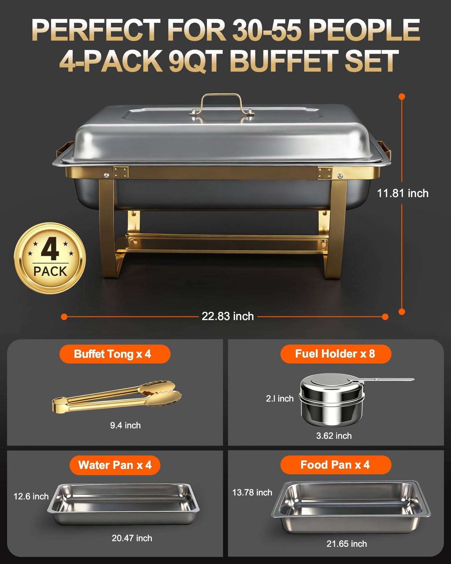 Chafing Dishes for Buffet, 4 Pack 9 QT Rectangular Stainless Steel Catering Chafer with Lids, Buffet Servers and Warmers, Food Warmers for Parties Buffet, Home, Wedding, Christmas Gatherings, (Golden)
