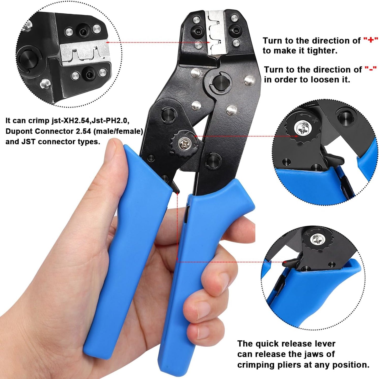 Taiss Dupont Crimping Tool Kit Ratcheting Wire Crimper with 2.54mm 600PCS Dupont Connectors and 560PCS JST XH Connectors,Dupont Crimper,JST Crimper(0.08-0.5mm² 28-20AWG)