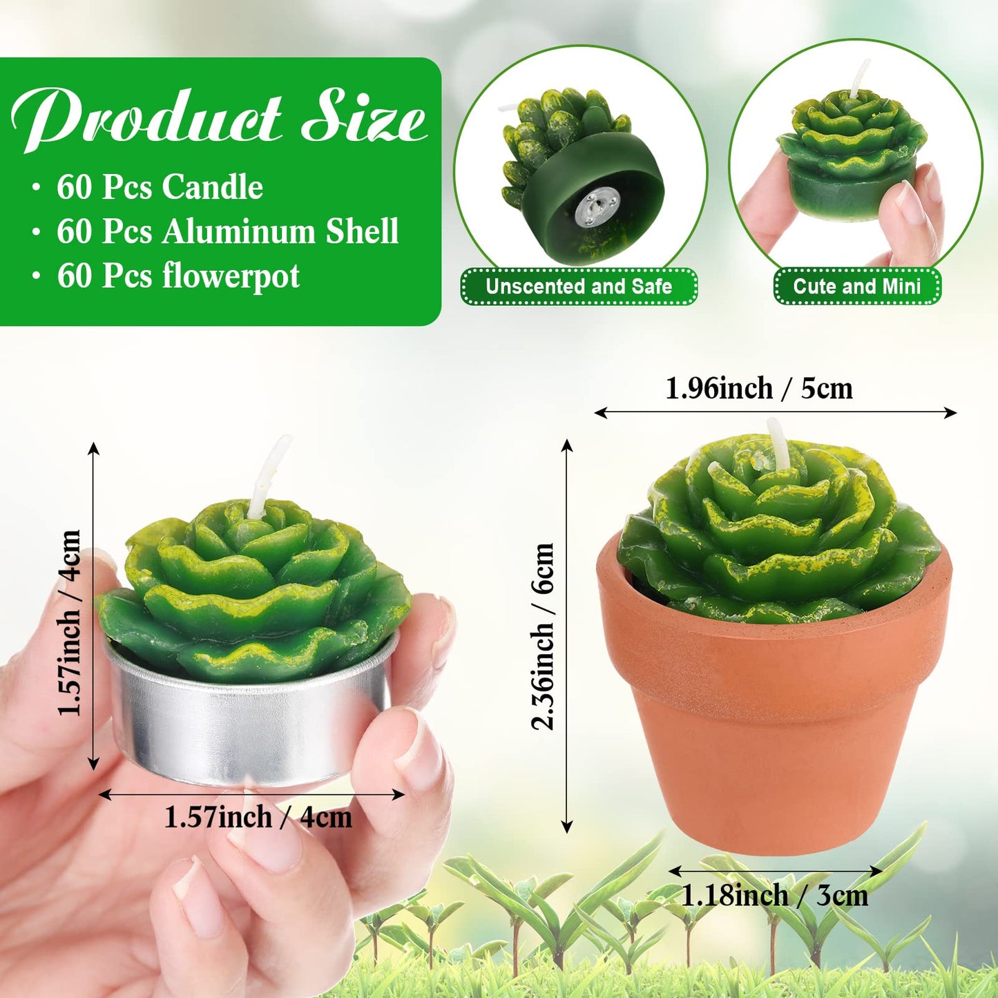 Lounsweer 60 Pcs Succulent Tealight Candles Bulk Novelty Decorative Cactus Candles Wedding Baby Shower Wedding Gifts with Mini Clay Holders for Birthday Party Home Mexican Party Favors (Simple)