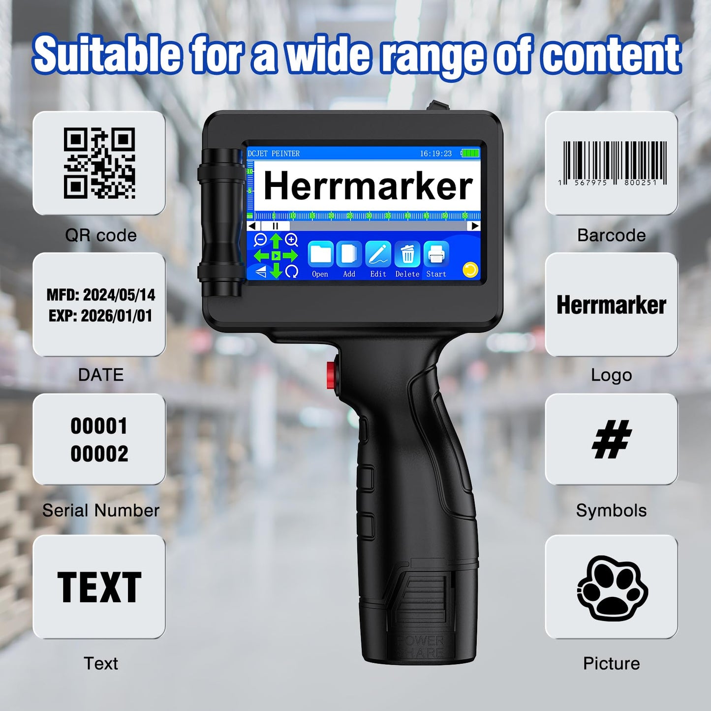 TIJ314 Handheld Inkjet Printer Gun, Handheld Printer with 42ml Quick-Drying Ink Cartridge, 4.3" Touch Screen Date Printing Machine for Barcode,Text,QR Code,Batch Number on Carton Plastic Tube Metal