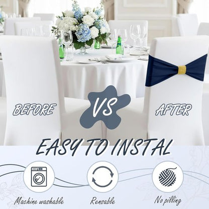 Hahafelt Spandex Chair Sashes with Rhinestone Buckle - 100 Pcs Navy Blue Bowknot Ties for Weddings & Events