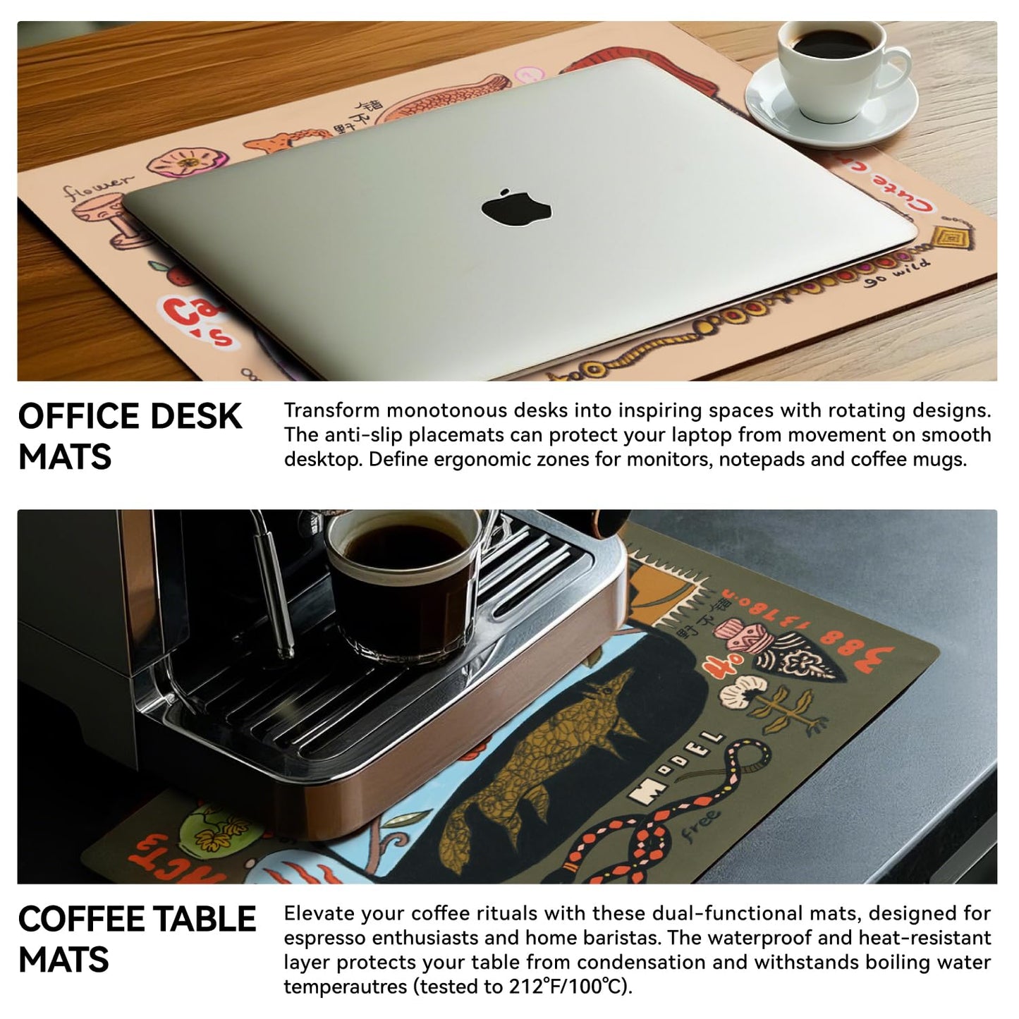 SAMCAM Placemats Set of 4 with Hand-Drawn Illustrations, 17.7" x 11.8", Faux Leather Place Mats, Waterproof, Heat Resistant, Anti-Slip, Easy to Clean, Table Mats for Dining, Kitchen, Coffee Table