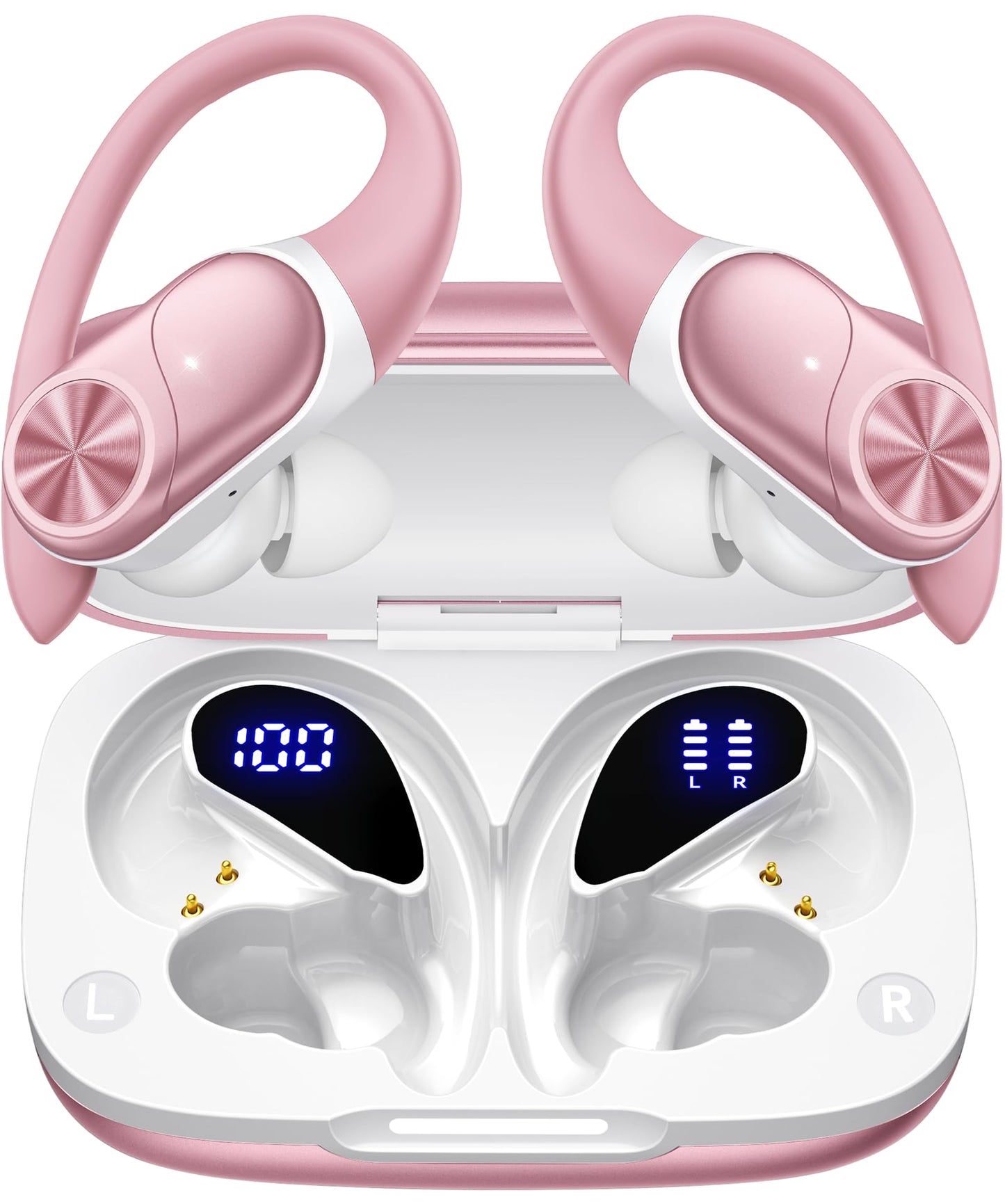PocBuds Bluetooth Headphones Wireless Earbuds 80hrs Playtime Wireless Charging Case Digital Display Sport Ear Buds with Earhook Deep Bass IPX7 Waterproof Over-Ear Earphones for Phone Laptop Rose Gold