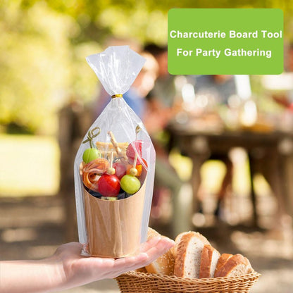 100 Pcs Charcuterie Cups with Sticks 12oz, Individual Disposable Handheld Holder with 100 Bags+100 Lables+200 Cocktail Skewers Tooth Picks, Paper Appetizer Board Snack Boxes for French Fry, Brown