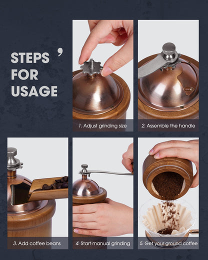 POLIVIAR Manual Coffee Grinder, Coffee Bean Grinder with Adjustable Ceramic Burr, Vintage Style Wooden Hand Coffee Grinder, Large Capacity Burr Coffee Grinder with Brush and Spoon (JX2022-CG20)