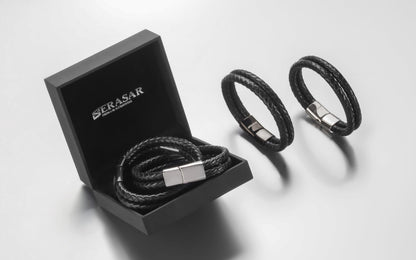 SERASAR 8″ Silver Leather Bracelets for Men Mens Armlet Cowhide Gift Box Braided Circlet Stainless Steel Jewelry Wrist Band Cuff Wrap Rope Bangle Dad Pulseras para Hombres Cuero Regalo