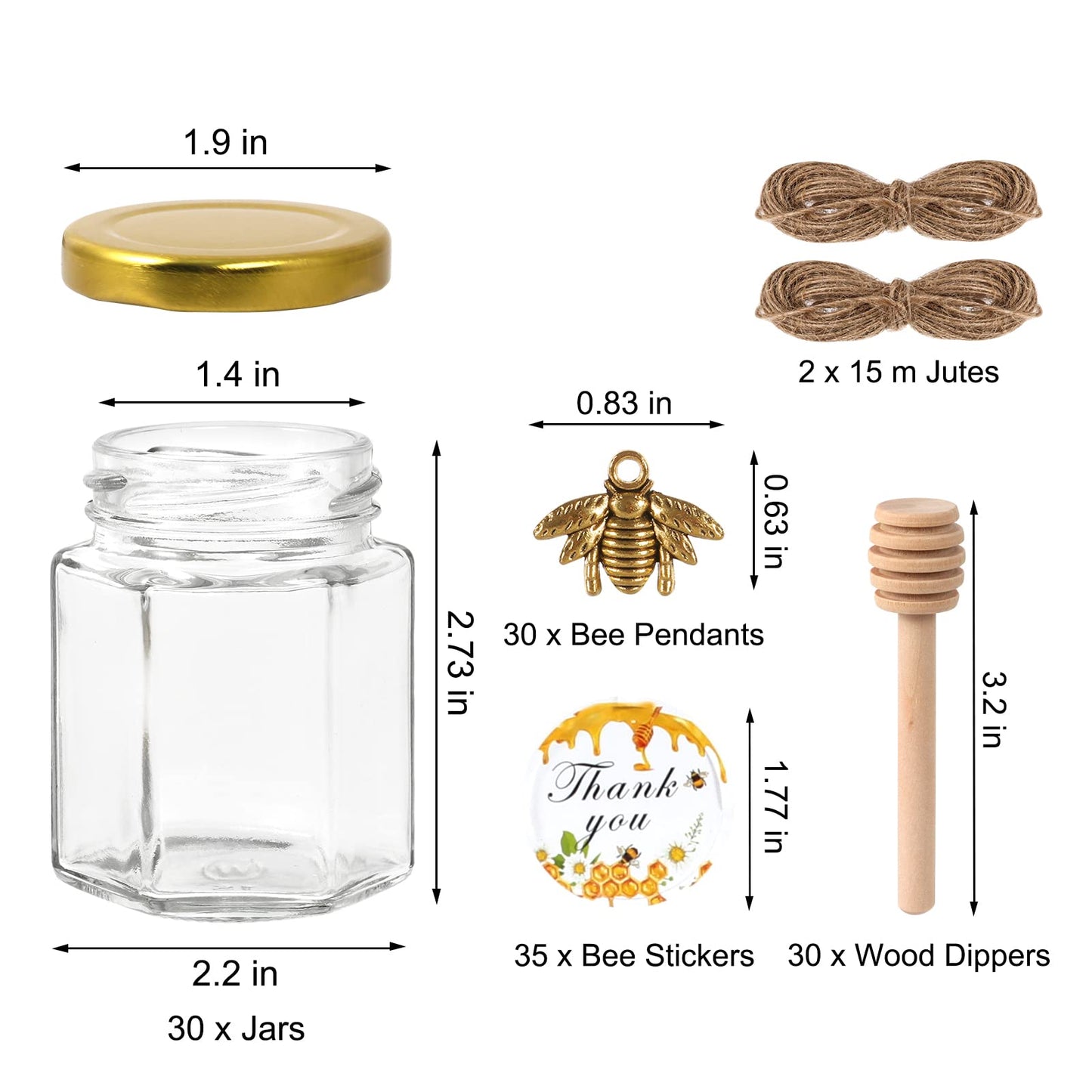 BIGIVACA 3 oz Mini Honey Jars - 30 Pack Hexagon Glass Jars with Wood Dippers, Gold Lids, Bee Pendants, Jutes, Stickers for Wedding Favors, Party Favors, Candle Making