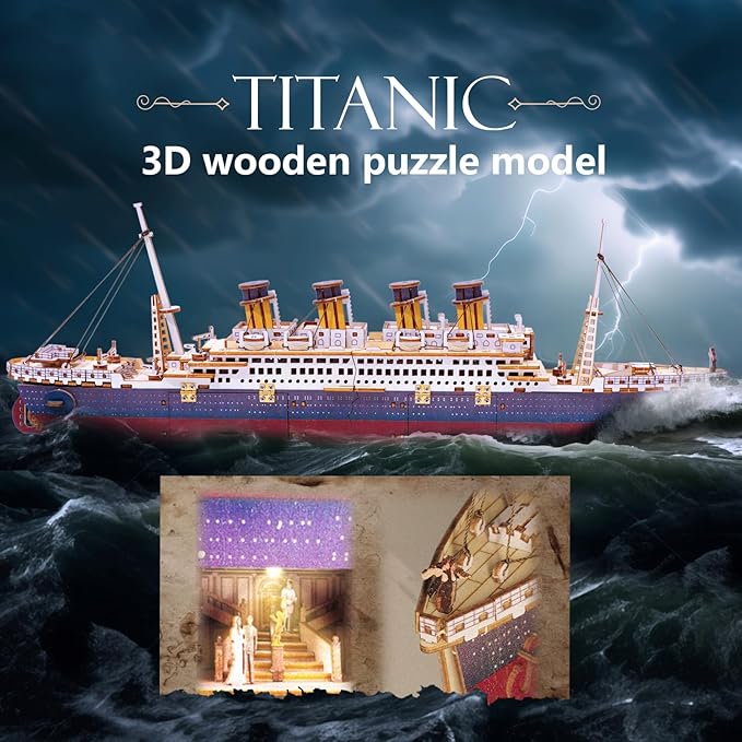 Titanic 3D Puzzles for Adults LED Titanic Metal Ship Model Building Kits for Home Desk Decor 368 Pcs Wooden DIY Arts and Crafts Collection Gifts for Couples Women Teens 14 +