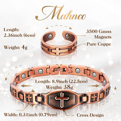 Mahnco Magnetic Copper Bracelet & Ring for Women, Lymph Detox Bracelet for Joint with 3500 Gauss Strong Magnets-Jewelry Gifts with Adjust Tool