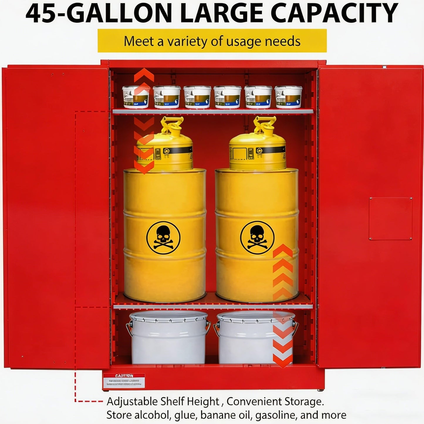EliteEdge 45 Gal Flammable Safety Cabinet, 43" x 18" x 65" Galvanized Steel Industrial Flammable Liquid Storage Cabinet with Adjustable Shelves, Fireproof Double-Wall Design, Manual Close Doors, Red
