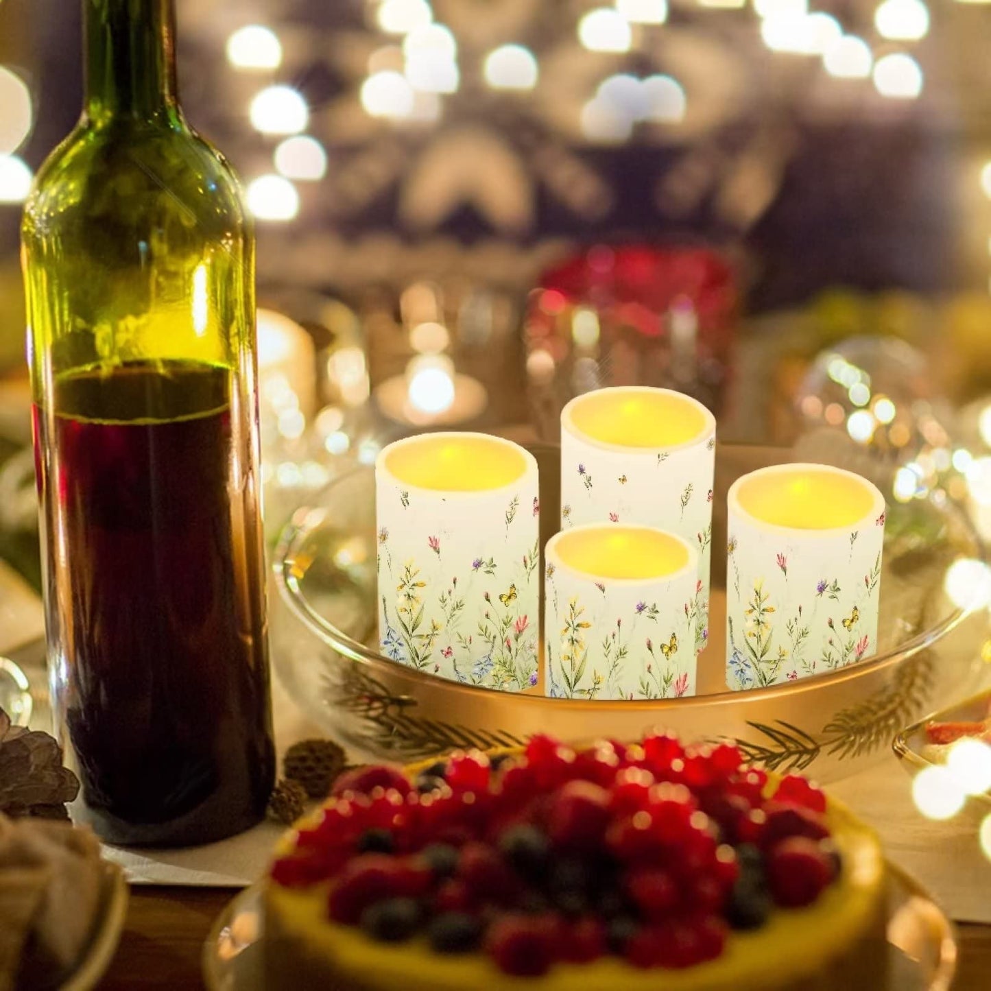 NETILGEN LED Flickering Candles Battery Operated Candles Set of 4 with Remote Control Timer Dancing Flame Pillar Candles Home Table Decoration, Floral Green