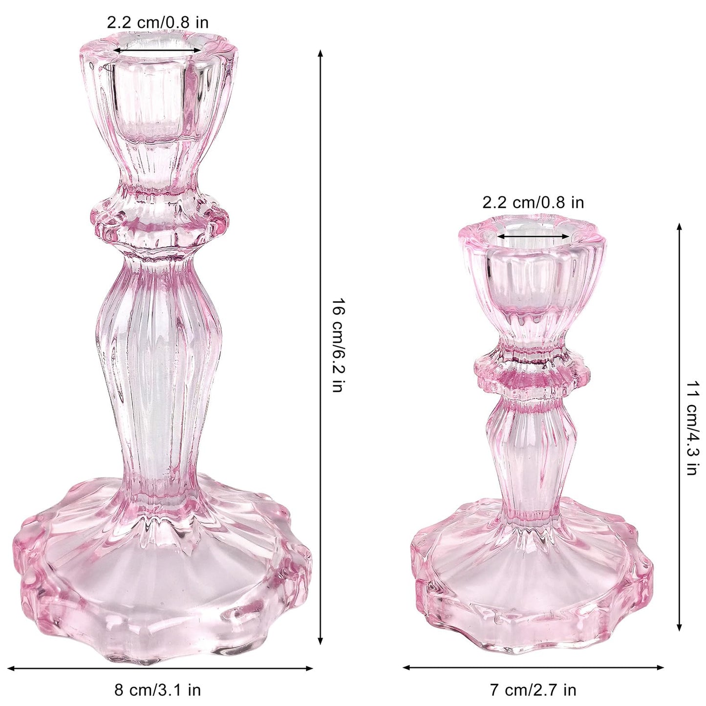 CHOCSTAY Glass Candlestick Holders Set of 3, Pink Stripe Taper Candle Holders for Table Centerpiece, Home Decorations, Wedding and Party