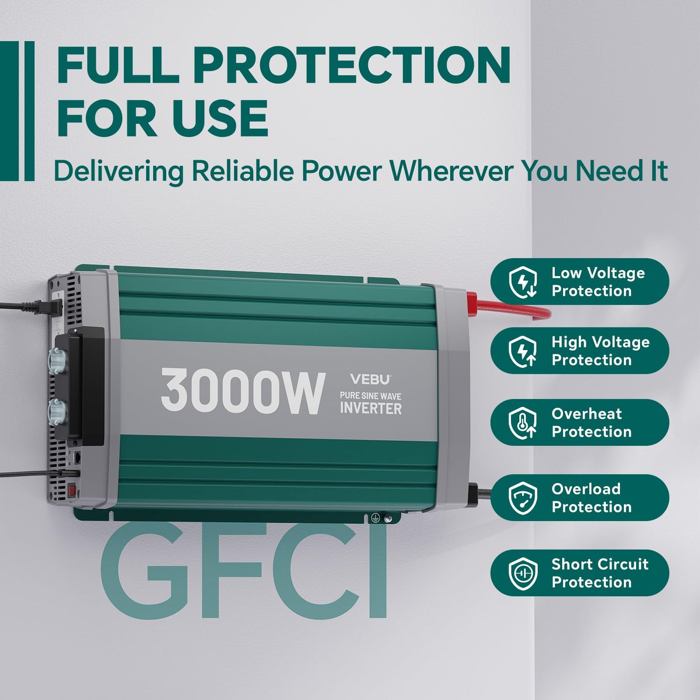 VEBU 3000W Pure Sine Wave Inverter with ATS Mode, 12V DC to AC 120V Converter for Off-Grid System, RV, Truck, Camping, Peak 6000W