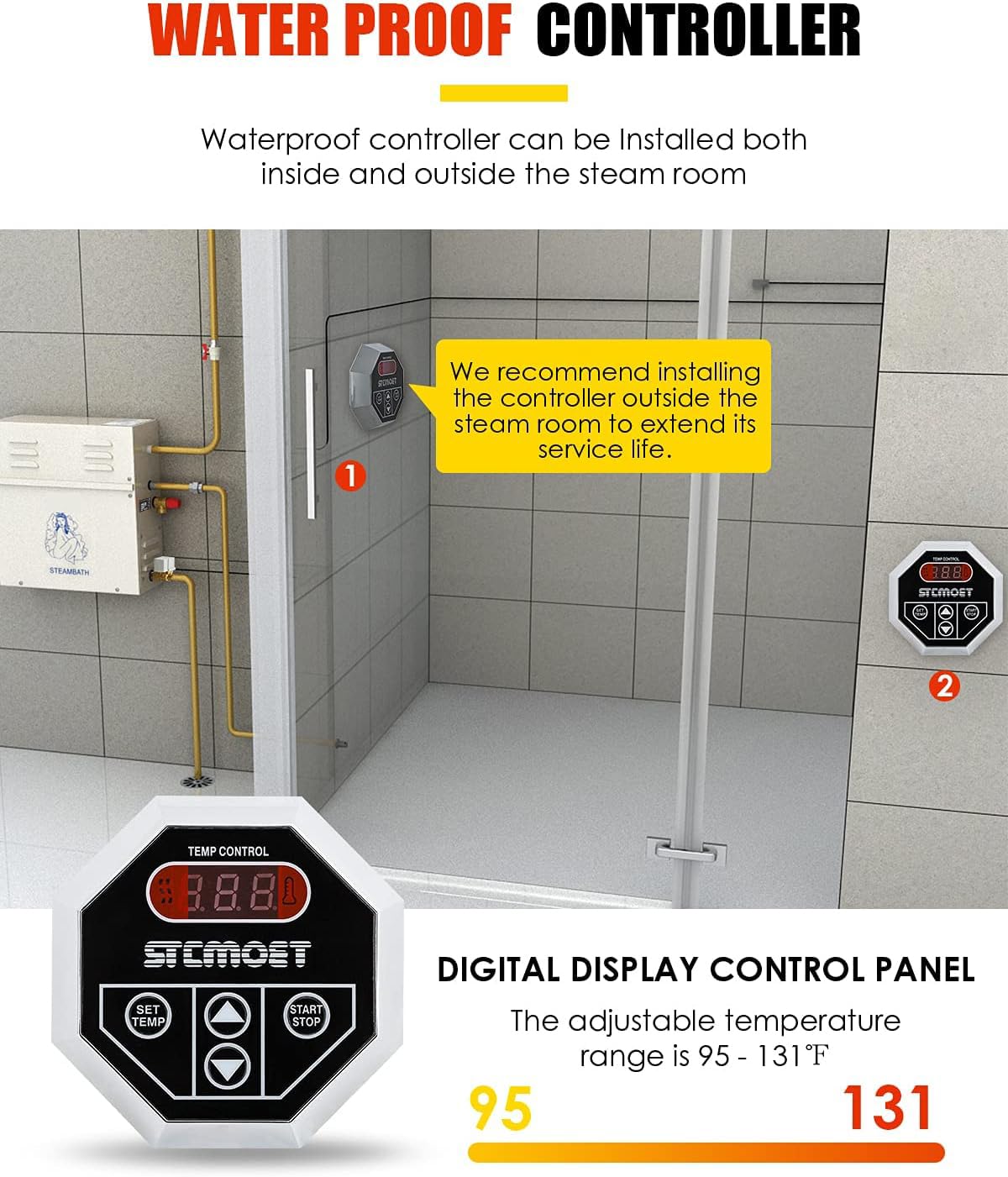 CGOLDENWALL 10.5KW Luxury Steam Generator Shower System Kit Complete Home Steam Sauna Spa Steam Bath Generator with Waterproof Control and Auto Drain 95-131℉ Max Space Heating 10.5 m³/371 ft3 (10.5KW)