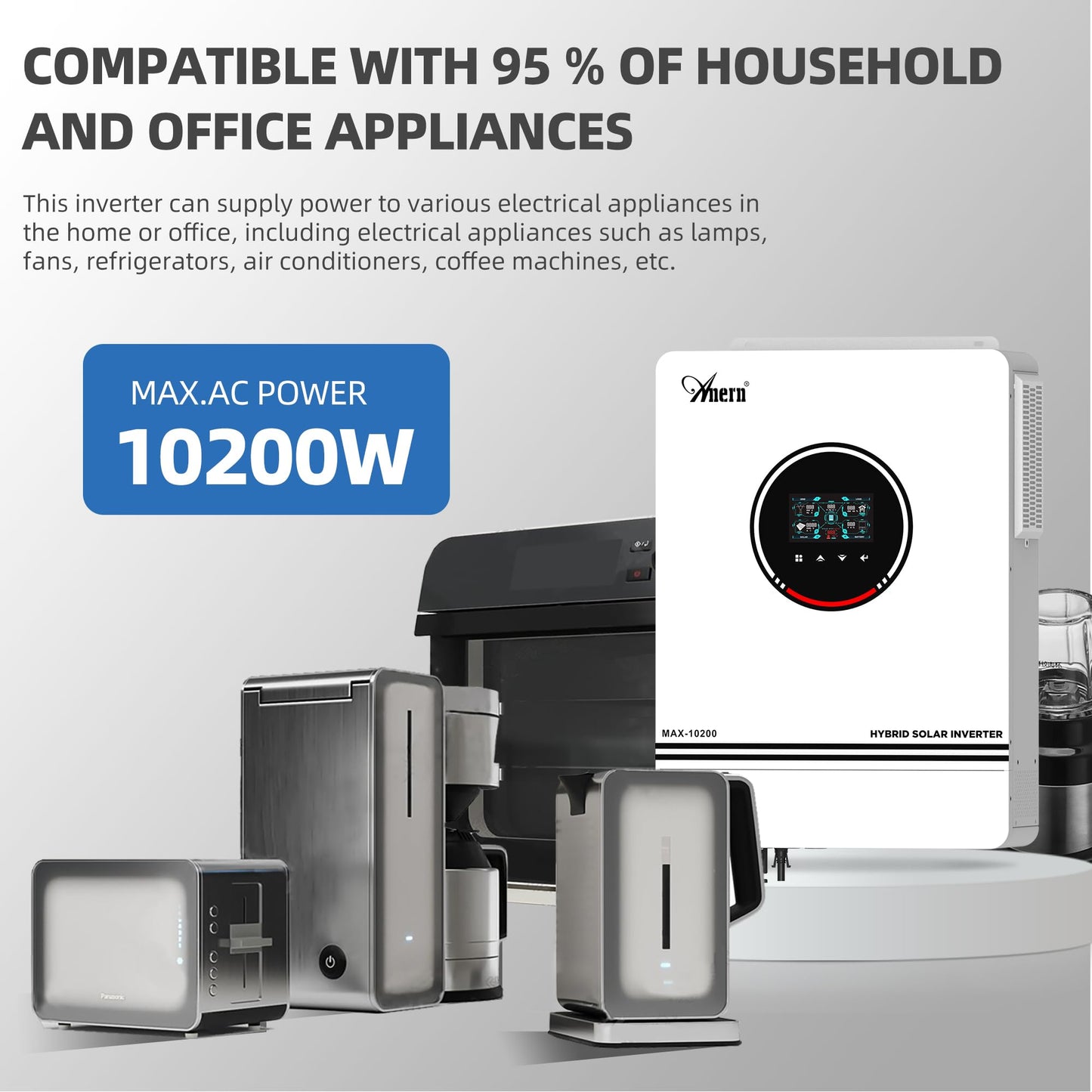 10.2KW Solar Hybrid Inverter All in One, 48V DC to 220V-230V AC On/Off Grid Pure Sine Wave Solar Inverter with 160A MPPT Charge Controller for Home Appliances, Work with Lead Acid & Lithium Battery