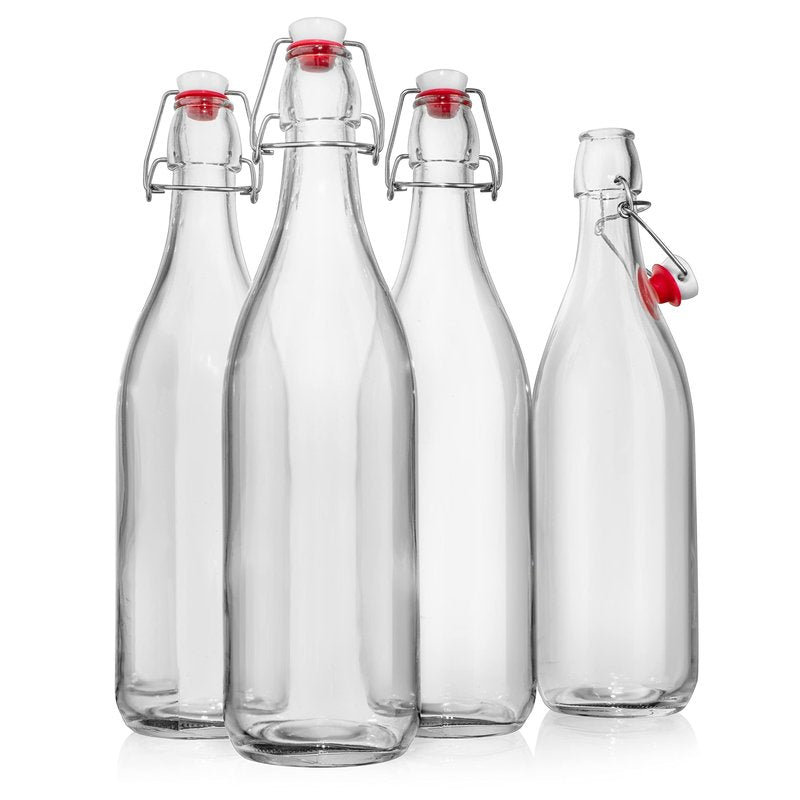Swing Top Glass Bottles [1 Liter / 33 fl. oz.] [Pack of 4] – Flip Top Coquito Bottles for Kombucha, Fermentation, Beer, Kefir, Wine – Airtight Stopper Lids with Extra Gaskets, Funnel, Labels & More