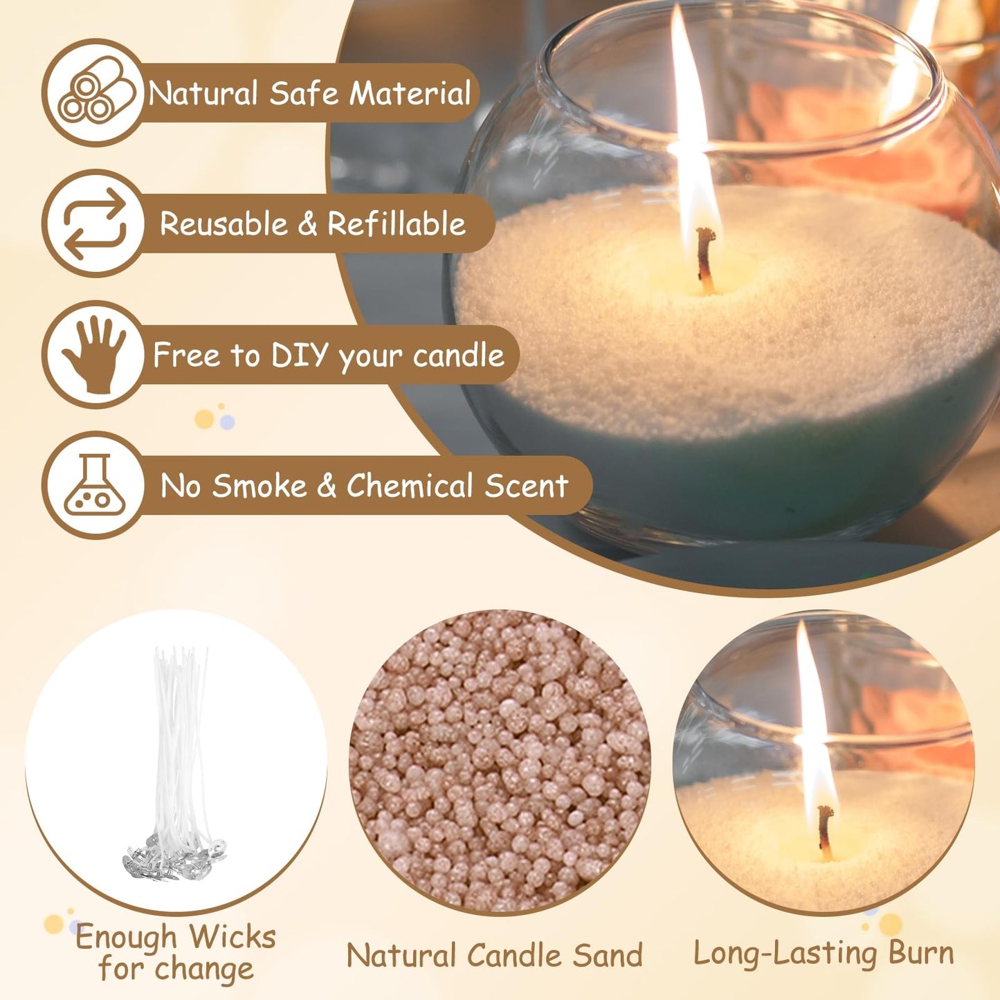 MECCANIXITY Pearled Sand Candles with 50 Pcs Wicks 21Oz / 600g Candle Beads Refillable Powder Sand Wax Making Kit for Thanksgiving Christmas Wedding Party DIY Home Crafts, Brown