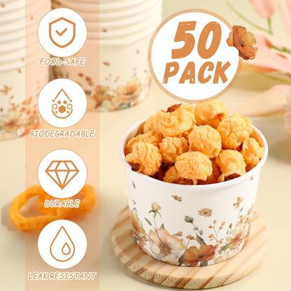 Funnymoom 50 Pack Fall Floral Treat Snack Cups Autumn Flowers Paper Ice Cream Cups 9 oz Watercolor Flower Disposable Dessert Bowls for Hot or Cold Food Fall Wedding Baby Shower Birthday Party Supplies