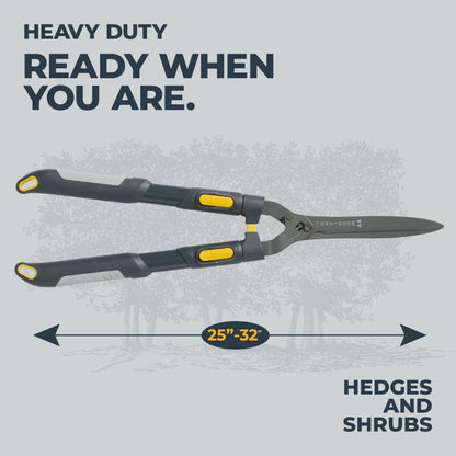 Woodland Tools Heavy Duty Extendable Hedge Shears, 25 to 32 Inch Telescoping Hedge Clippers with 10 Inch Lever-Assist Blades and Non Stick Coating, Manual Trimmer for Bushes and Shrubs