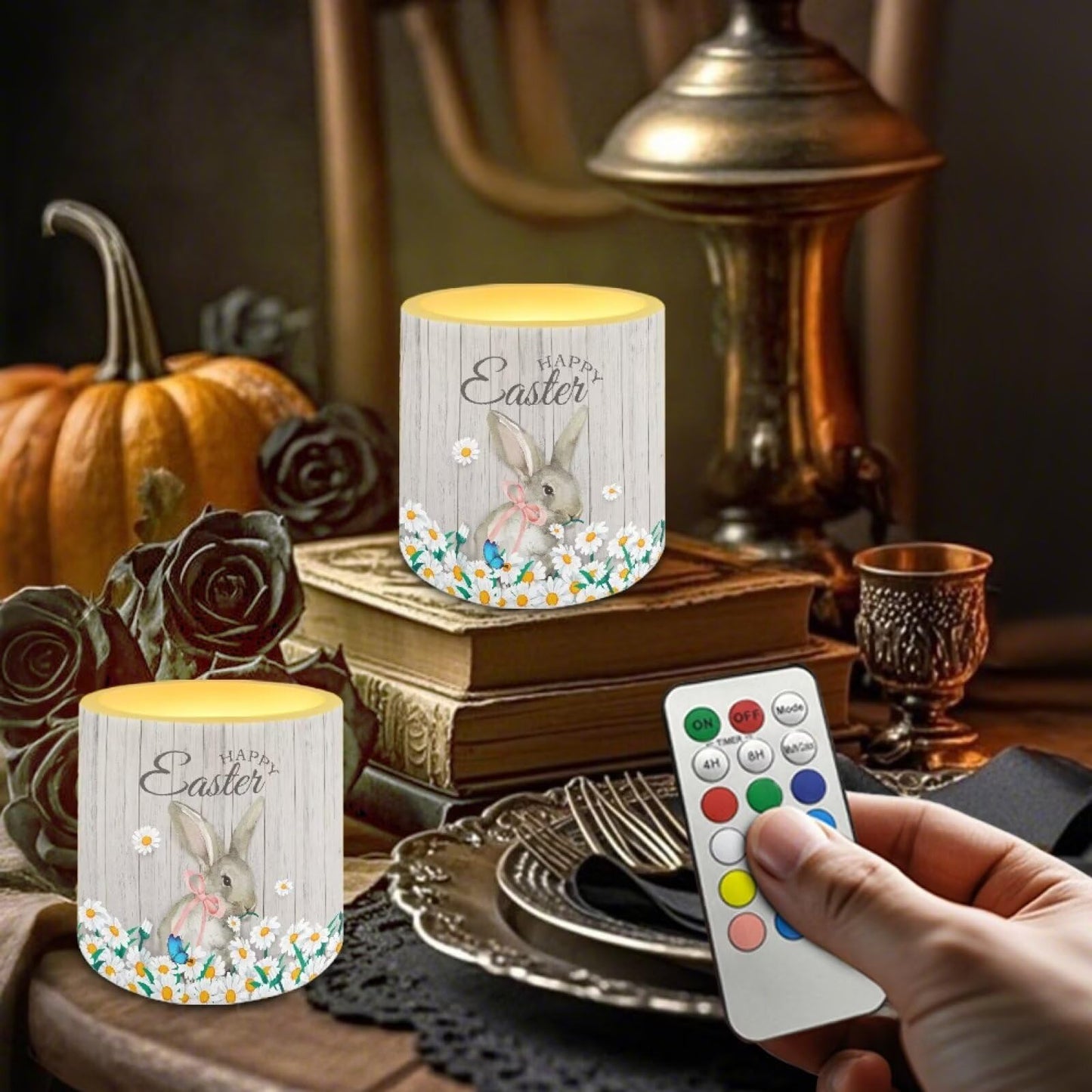 Merkmak Daisy Bunny Flameless Candles with Remote and Timer Battery Operated Flameless LED Pillar Candles for Indoor Outdoor Home Decoration Happy Easter Day Tealights