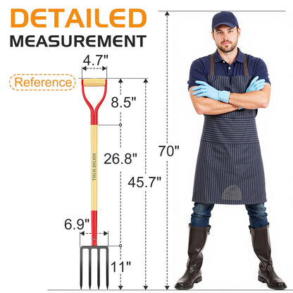 HIGHLIGHT Garden Fork, 4-Tine Spading Fork, Compost Fork, Steel Digging Fork, 45Inch, Steel D-Grip, Wooden Handle