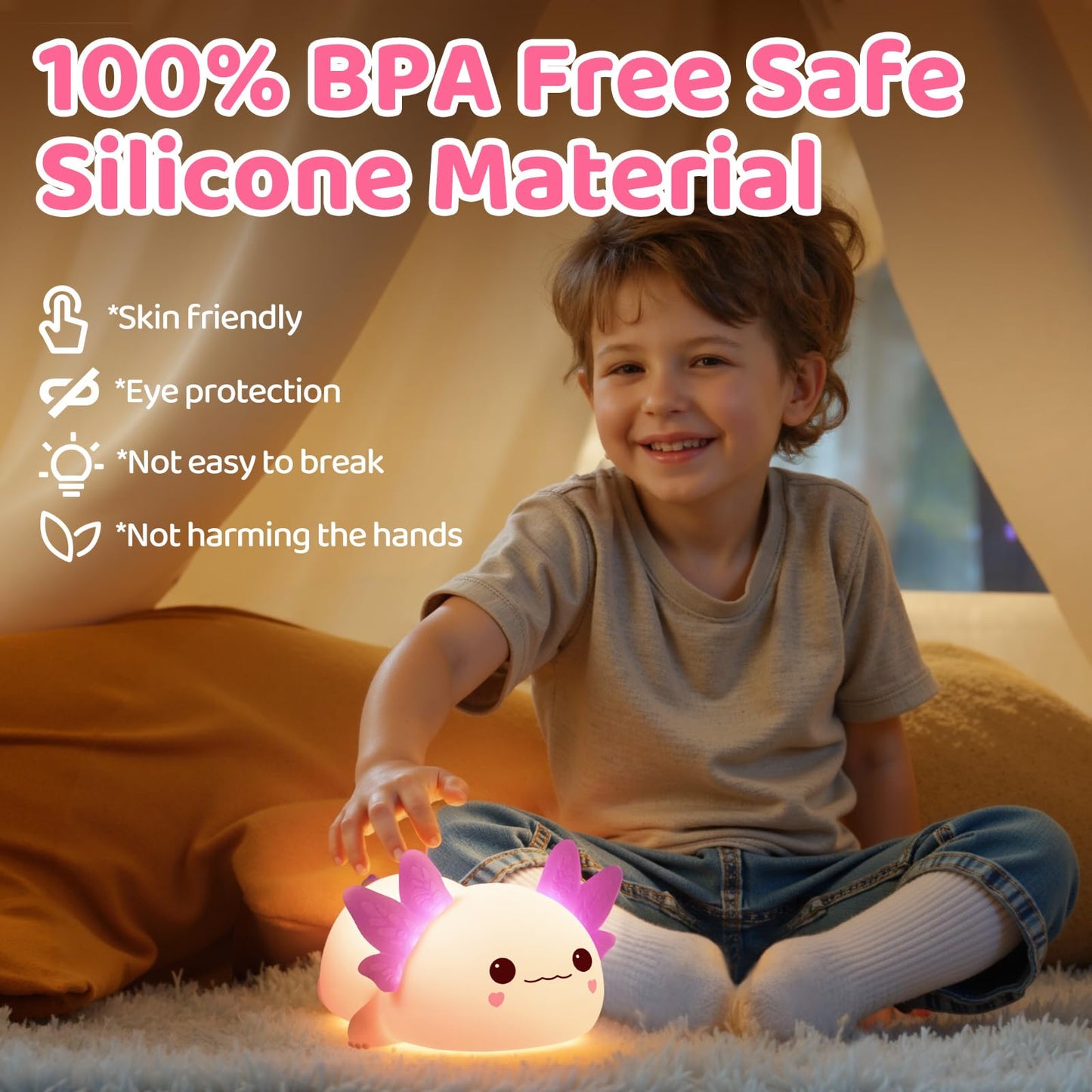 Huggwaii Squishy Axolotl Night Light for Kids, 4 Soothing White Noise Sounds, Dimmable Silicone Axolotl Toddler Lamp, 2025 Upgraded Rechargeable Nightlight, 9H Battery, Baby & Girl Room Decor Gifts