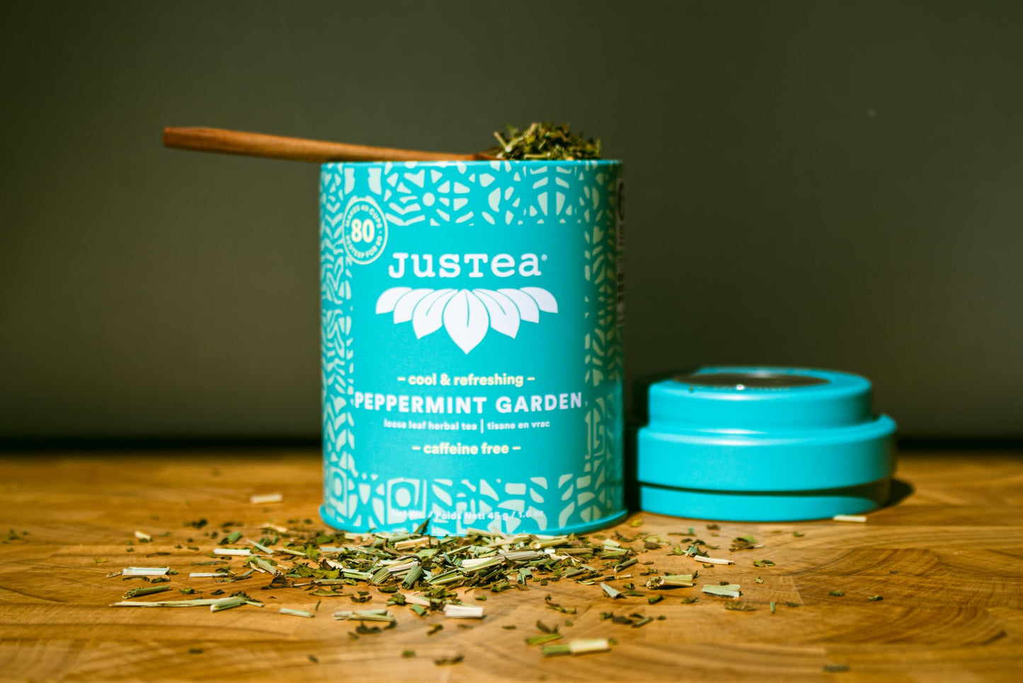JusTea PEPPERMINT GARDEN | Loose Leaf Herbal Tea | Tin with Hand Carved Tea Spoon | 40+ Cups (1.6oz) | Caffeine Free | Award-Winning | Fair Trade | Non-GMO