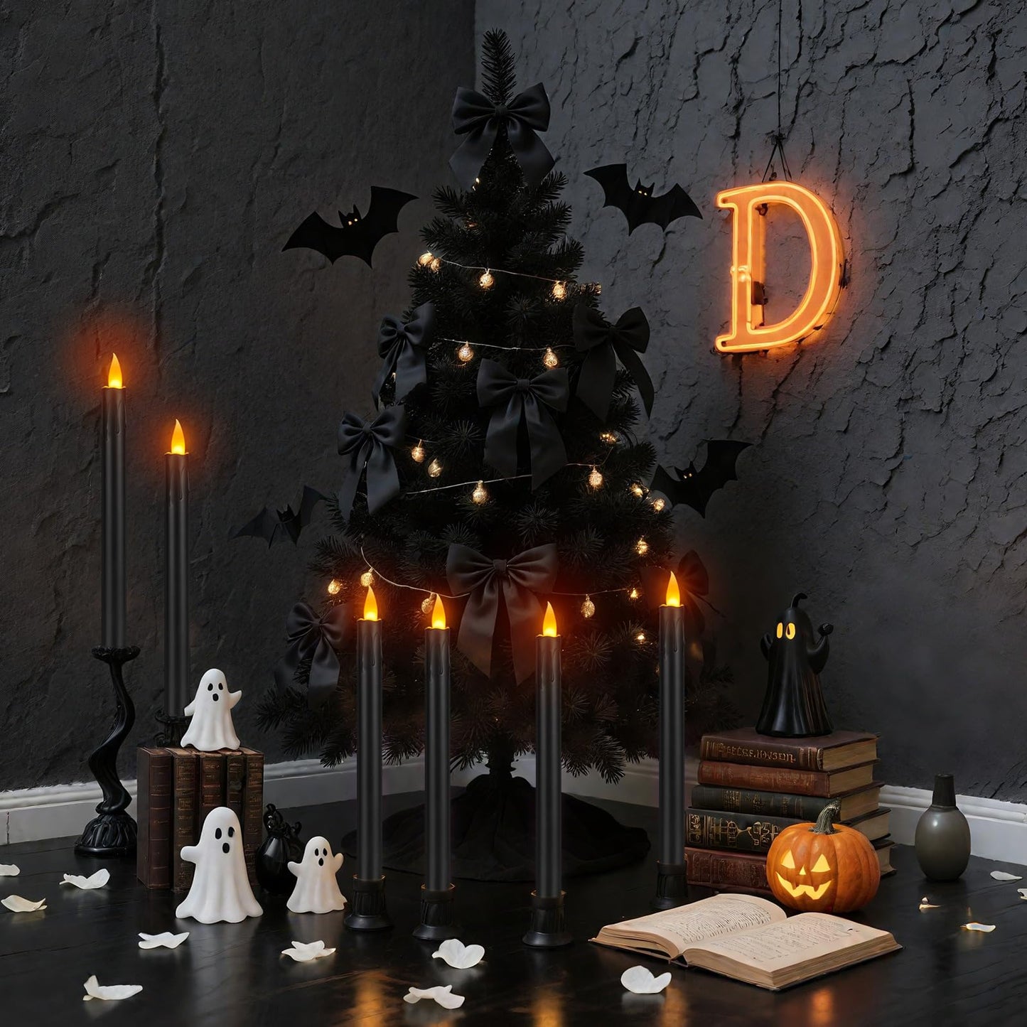 wemarry 10" Flameless Taper Candles with Remote, 12 Pcs Black Electric Led candlesticks, Plastic Tall Taper Candles Battery Operated with Flickering Flame for Halloween Christmas Wedding Home Décor