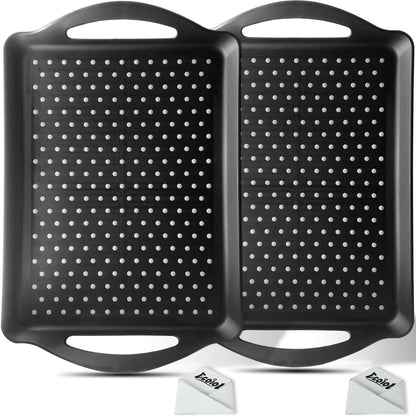 ECOIOU Non Slip Food Serving Tray with Handles, 2-Pack Rectangle Anti-Slip Non-Toxic Dishwasher Safe Tray for Snack Fruit Dessert Breakfast Drink,Black