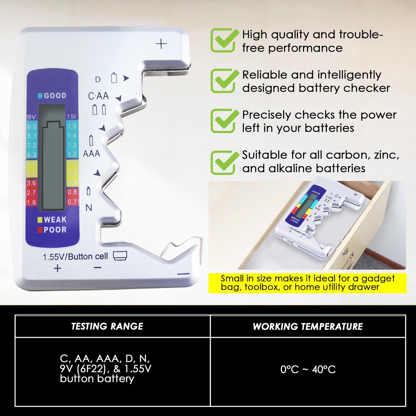 Battery Tester Universal Battery Checker with LCD Display Digital Multi Purpose Small Battery Checker for All Battery C AA AAA D N 9V 6F22 1.5V Button Cell Batteries