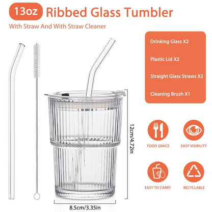 SoulTimes 13oz Glass Tumblers with Lids and Straws, Set of 2 - Stylish Ribbed Design Drinking Glasses for Iced Coffee, Juice, Smoothies, Cold Beverages, Includes Cleaning Brush, Durable Glassware