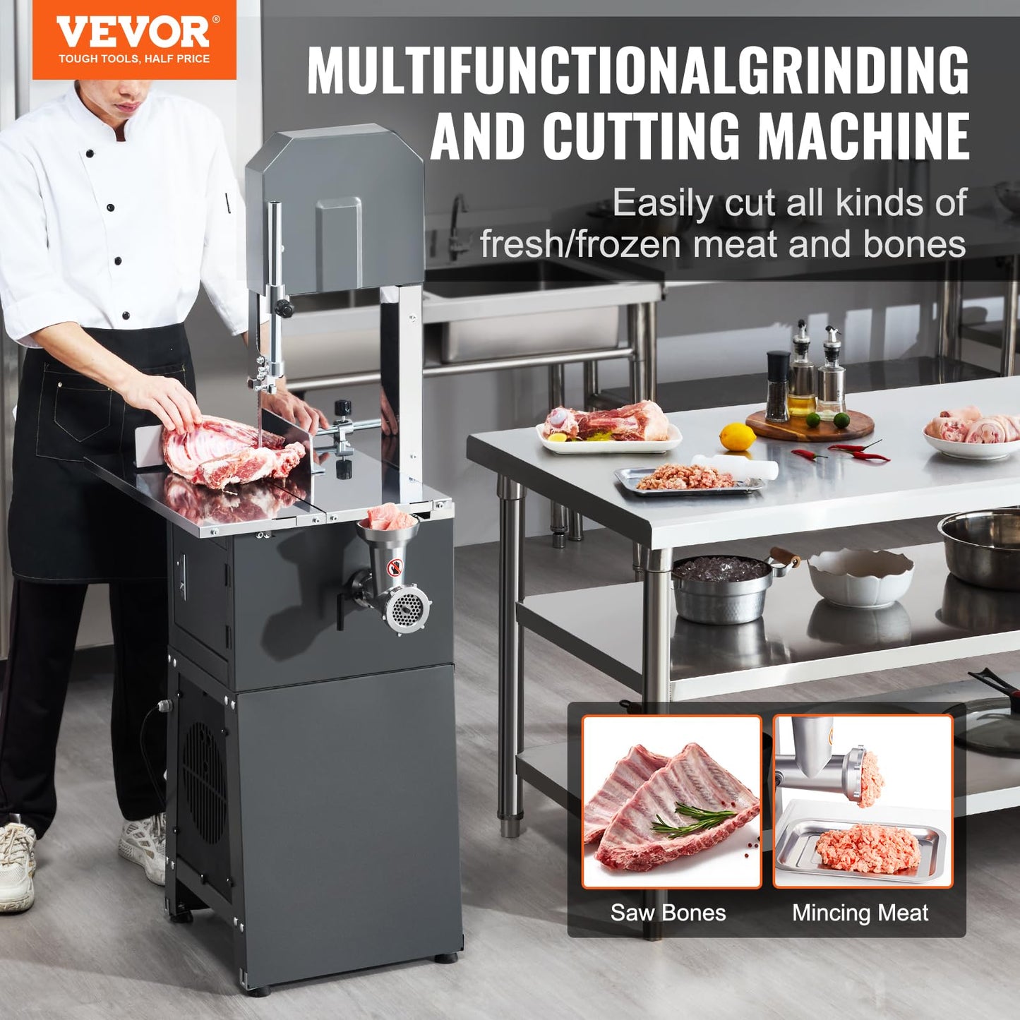 VEVOR Commercial Electric Meat Bandsaw, 550W Stainless Steel Vertical Bone Sawing Machine, 19.1"x15" Workbench, 7.09 Inch Cutting Thickness, Frozen Meat Cutter with Blade for Rib Pork Beef