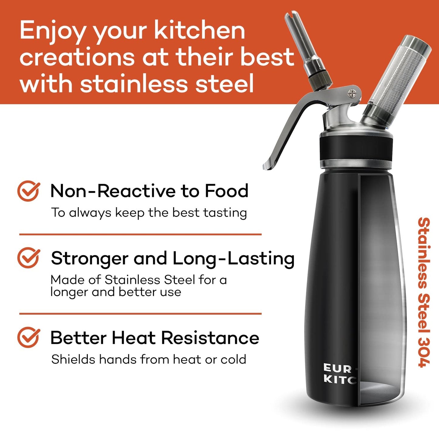 EurKitchen Stainless Steel Professional Whipped Cream Dispenser - Leak-Free Whip Cream Maker Canister - 3 Decorating Nozzles & Cleaning Brush - 1Pint /500 ML Cream Whipper - N2O Charger (Not Included)