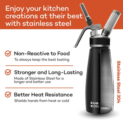 EurKitchen Stainless Steel Professional Whipped Cream Dispenser - Leak-Free Whip Cream Maker Canister - 3 Decorating Nozzles & Cleaning Brush - 1Pint /500 ML Cream Whipper - N2O Charger (Not Included)