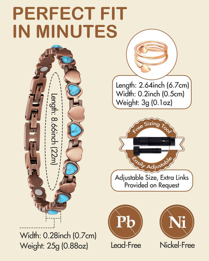 Feraco Pure Copper Bracelets & Rings for Women, Ultra Strength Magnetic Bracelet with 3800 Gauss Magnets & Natural Turquoise, Adjustable, Jewelry Gift (Ocean Heart)